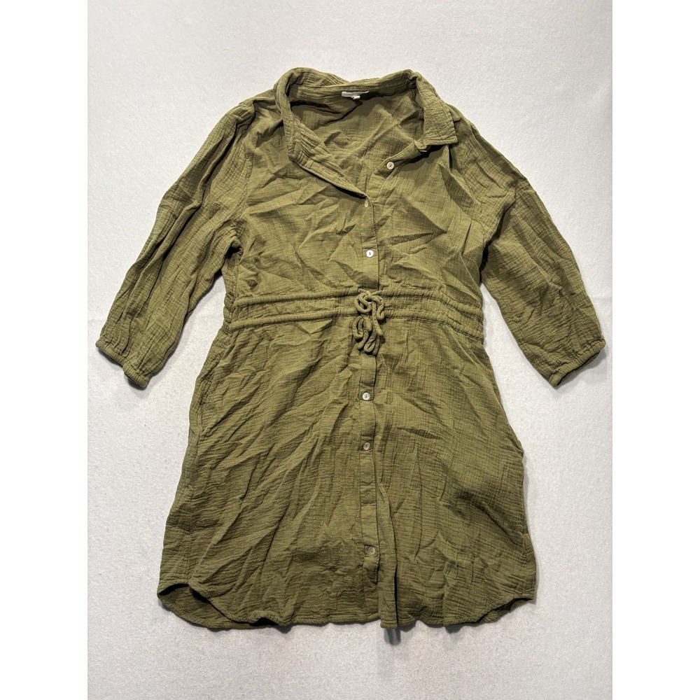 Maurices Womens XL Olive Green Cotton Gauze 3/4 Sleeve Button Front Shirt Dress